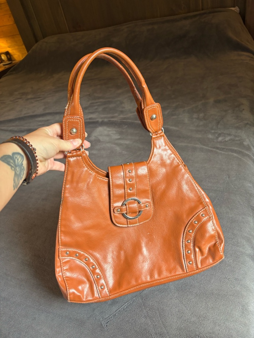 Women’s St John’s Bay Brown Faux Leather Studded Shoulder Bag, spotless inside - Picture 5 of 11